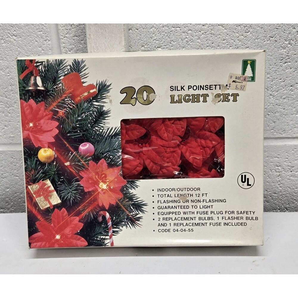 VTG Trim A Home 20 Silk Poinsettia Christmas String Light Set Works Retro